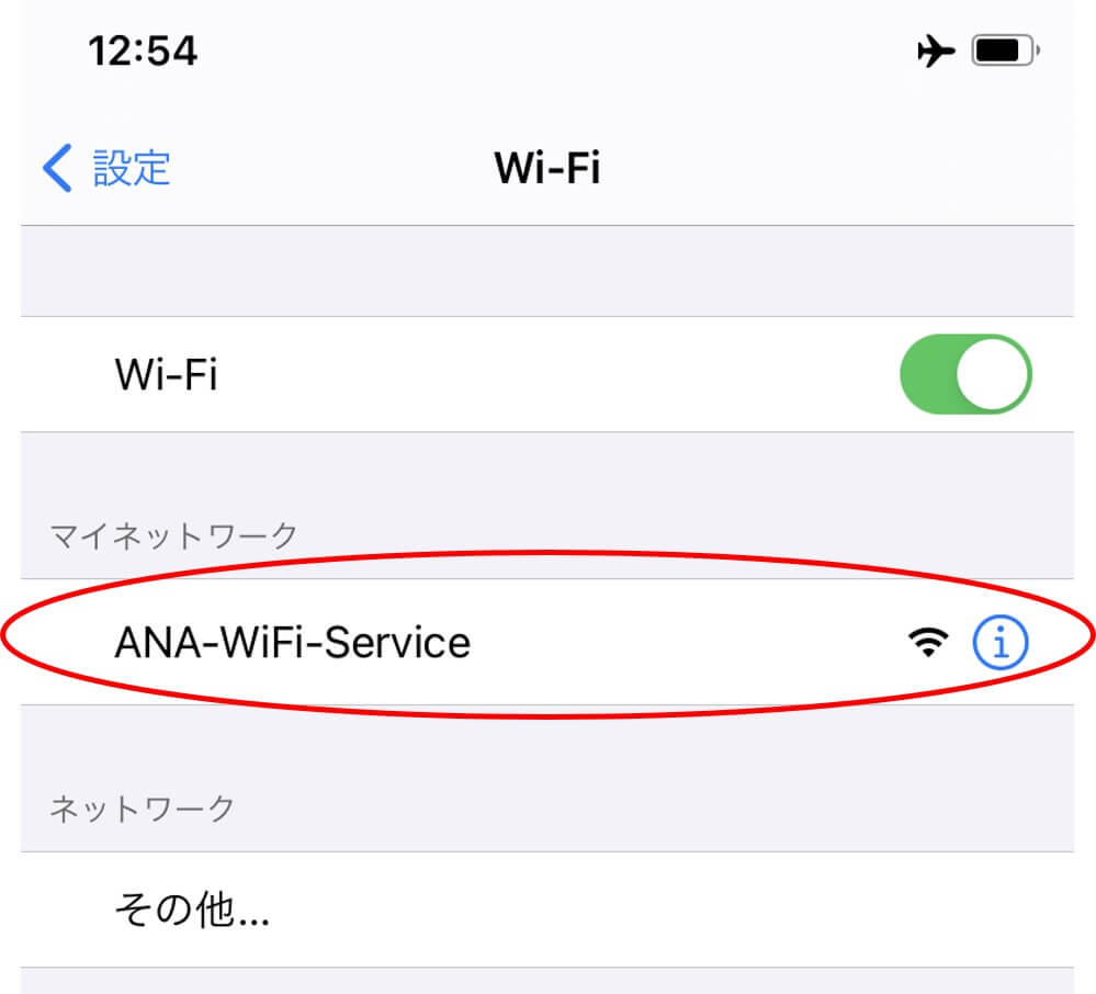 スマホの画面で見たANA-WiFi-Serviceの設定